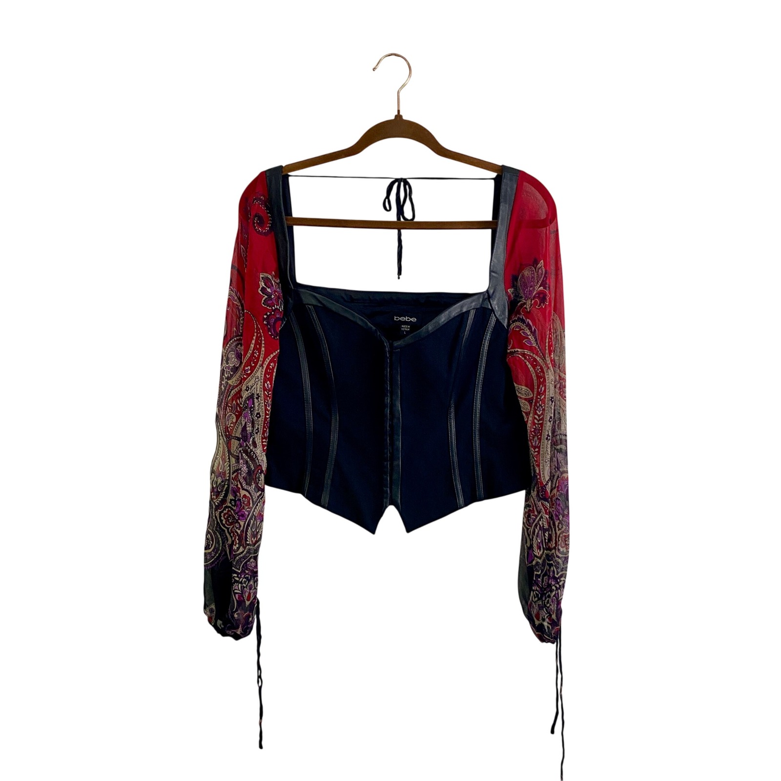 Vintage Bebe Y2k Silk Paisley Sleeve Leather Trim Corset Top Large